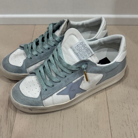 Golden Goose White and Light Blue Superstar Sneakers
